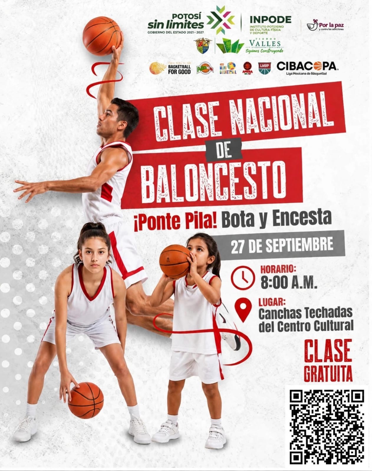 Cartel de la Clase Nacional de Baloncesto “¡Ponte Pila! ¡Bota y Encesta!” en San Luis Potosí.