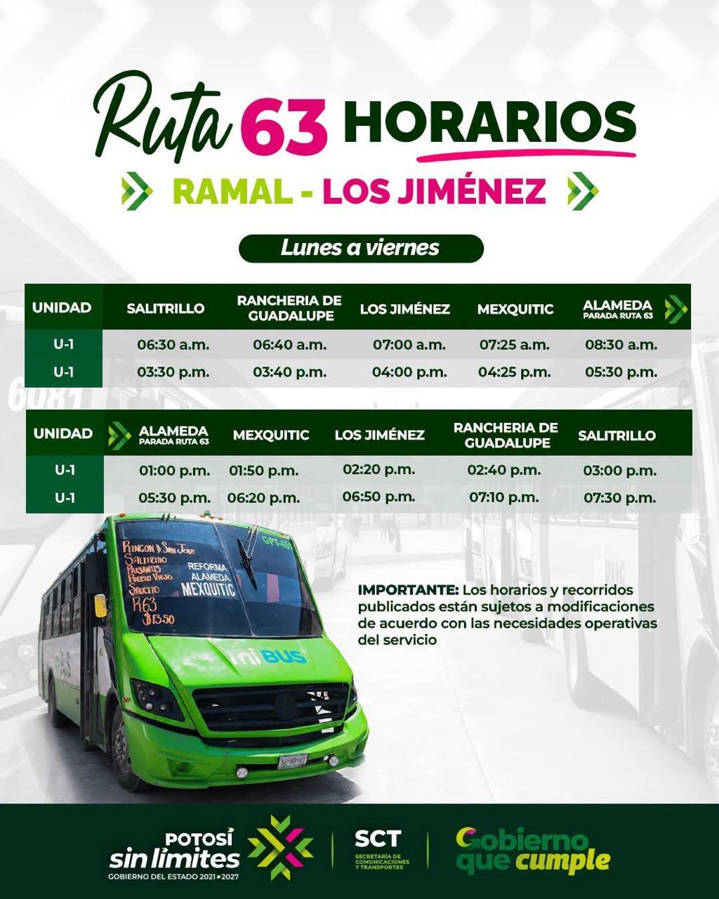 Horarios del ramal Los Jiménez de la Ruta 63 del transporte público en San Luis Potosí