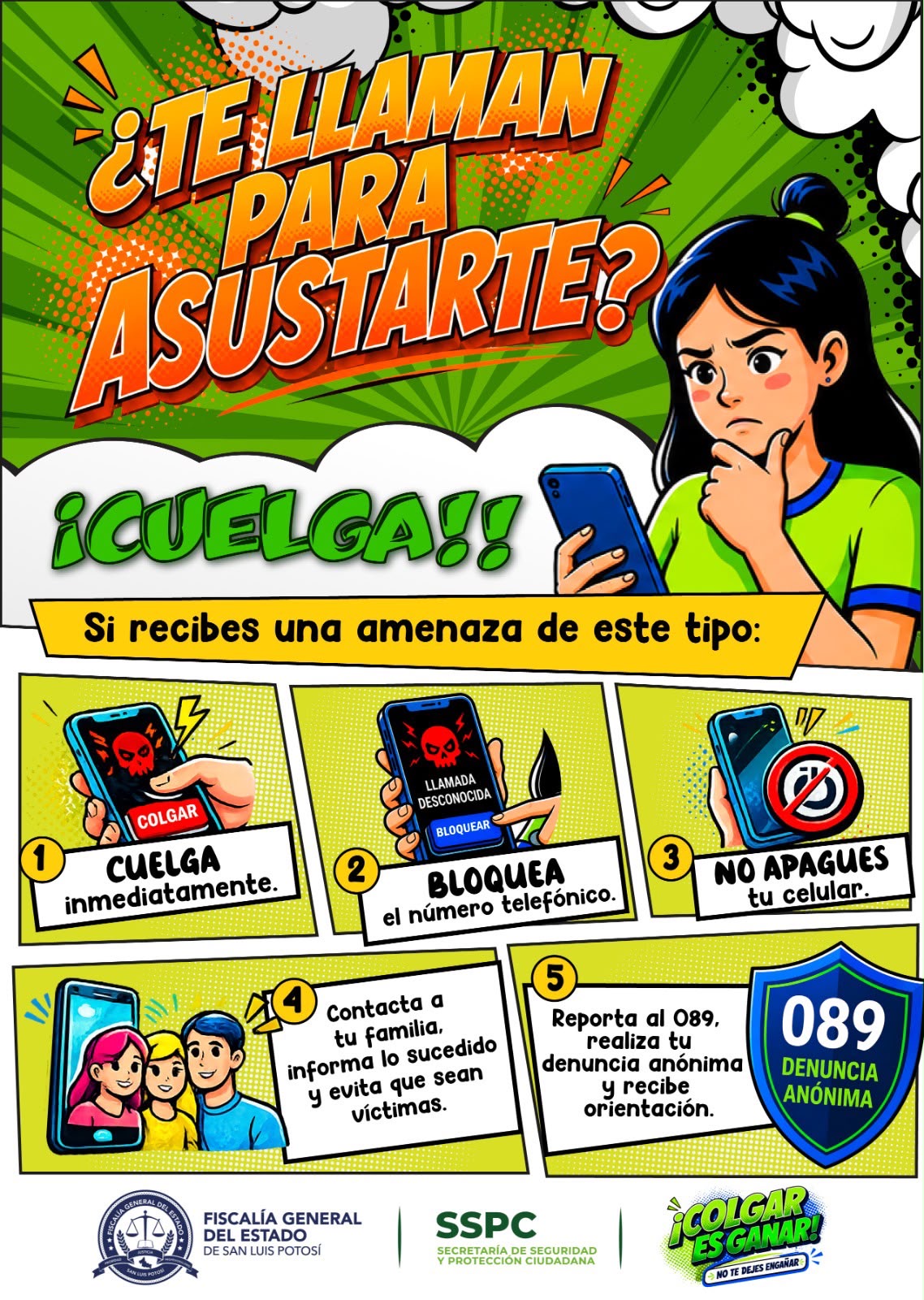 Material informativo de la campaña Colgar es ganar con recomendaciones para prevenir la sextorsión y denunciar al 089.