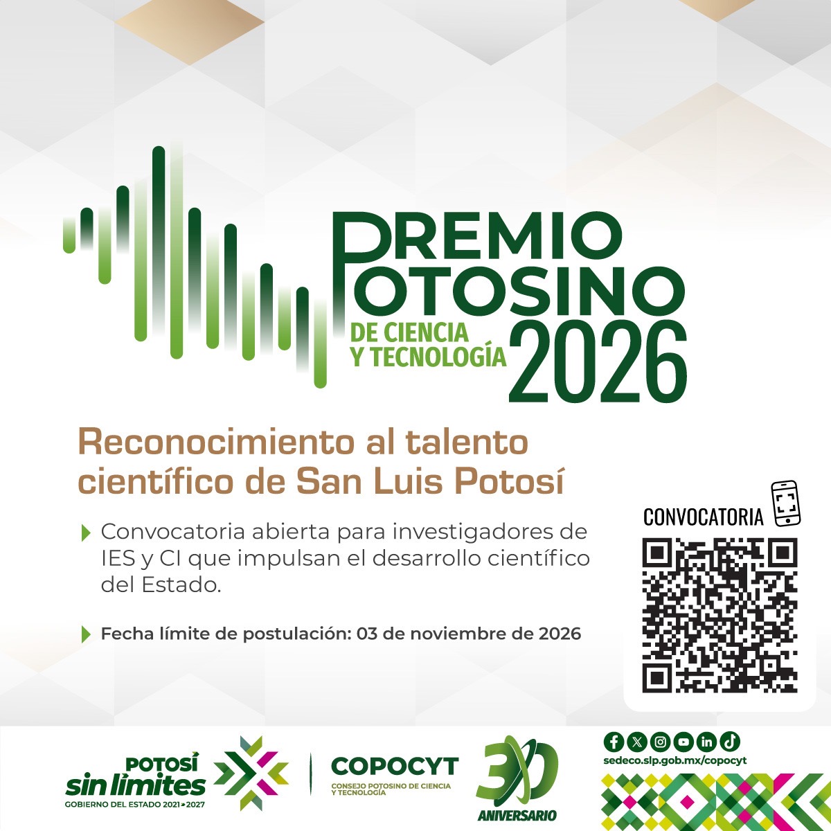 Cartel oficial del Premio Potosino de Ciencia y Tecnología 2026 con fecha límite de postulación del 3 de noviembre de 2026.