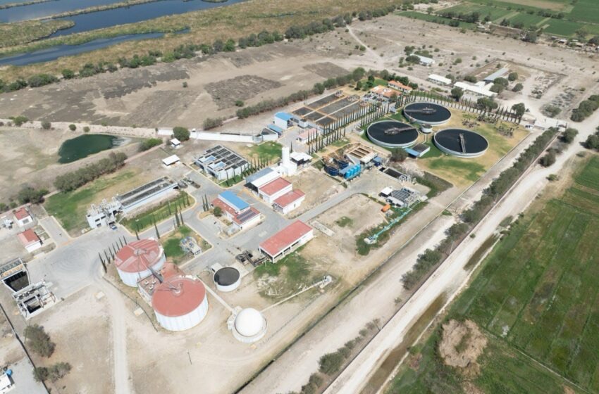 Vista aérea de la Planta Tratadora de Aguas Residuales Tenorio y sus instalaciones en San Luis Potosí.