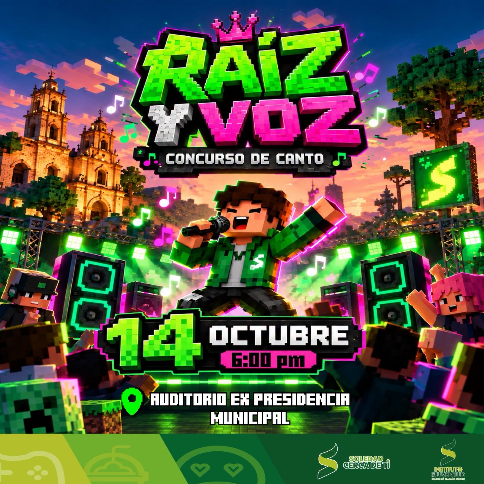 Cartel del concurso de canto juvenil “Raíz y Voz” en Soledad de Graciano Sánchez, programado para el 14 de octubre.