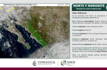 Pronóstico meteorológico de CONAGUA y el Servicio Meteorológico Nacional para el norte y noroeste de México, con lluvias y tormentas previstas en Baja California.