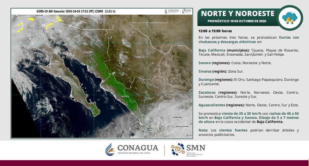 Pronóstico meteorológico de CONAGUA y el Servicio Meteorológico Nacional para el norte y noroeste de México, con lluvias y tormentas previstas en Baja California.