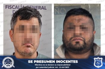 Fotografías de dos hombres con los rostros difuminados, difundidas por la Fiscalía General del Estado de San Luis Potosí en relación con una investigación por robo y extorsión.