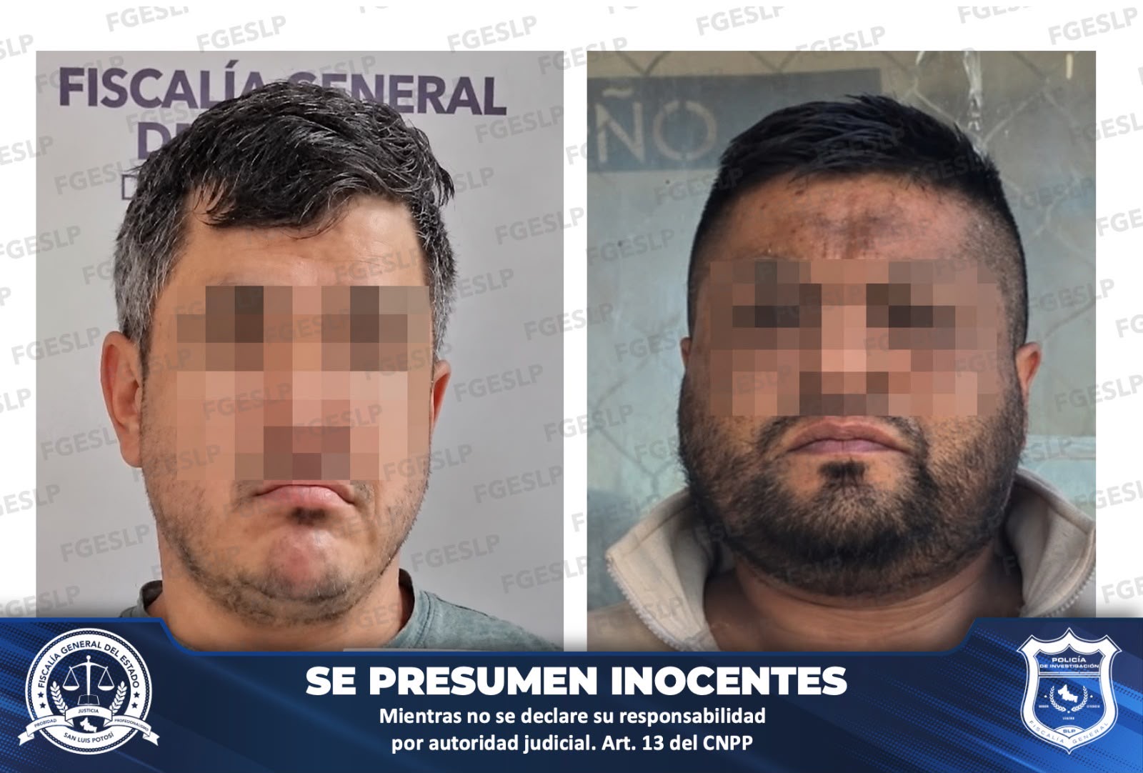 Fotografías de dos hombres con los rostros difuminados, difundidas por la Fiscalía General del Estado de San Luis Potosí en relación con una investigación por robo y extorsión.