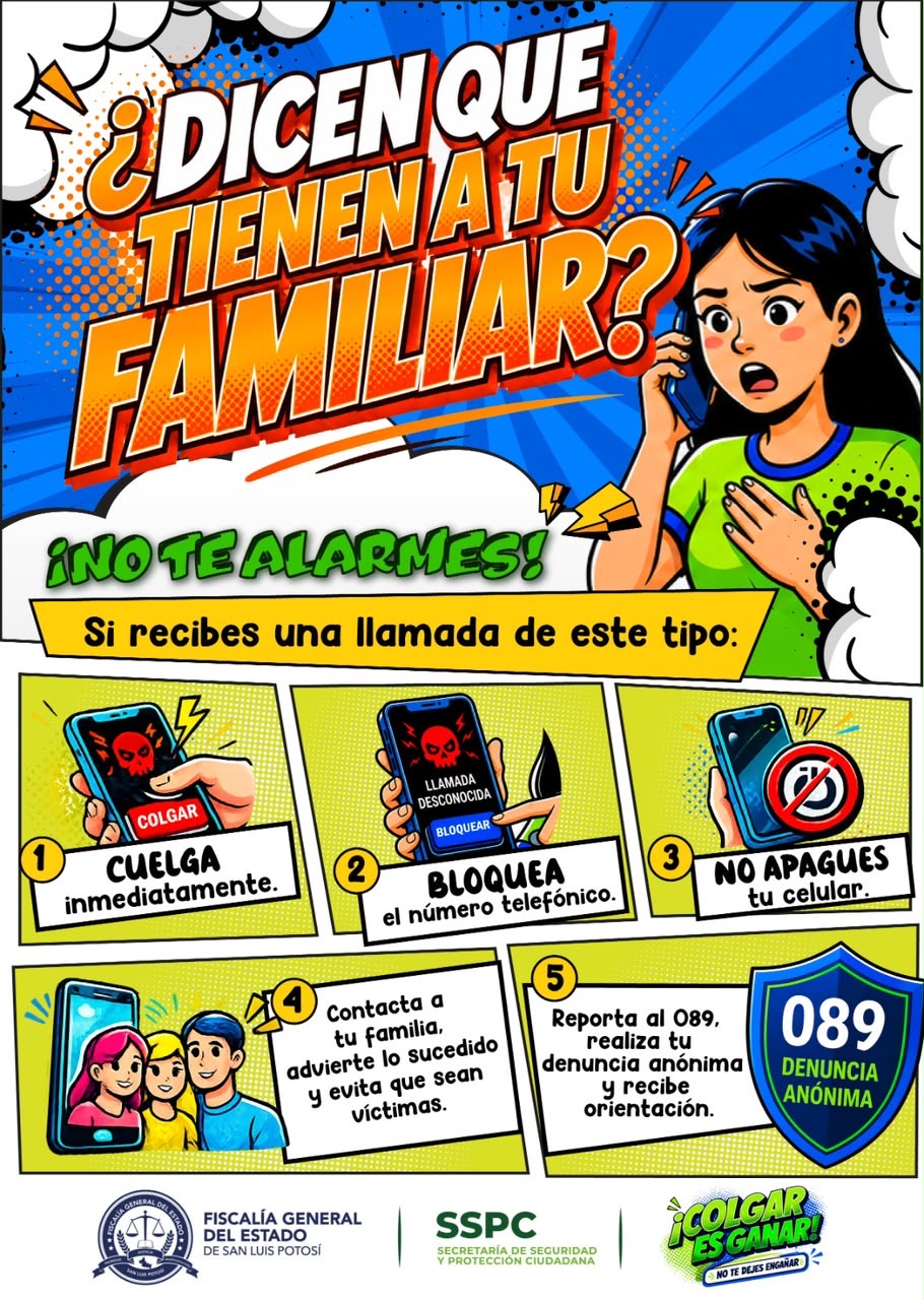 Material informativo de la Fiscalía de San Luis Potosí con recomendaciones para prevenir el secuestro virtual y denunciar al 089.