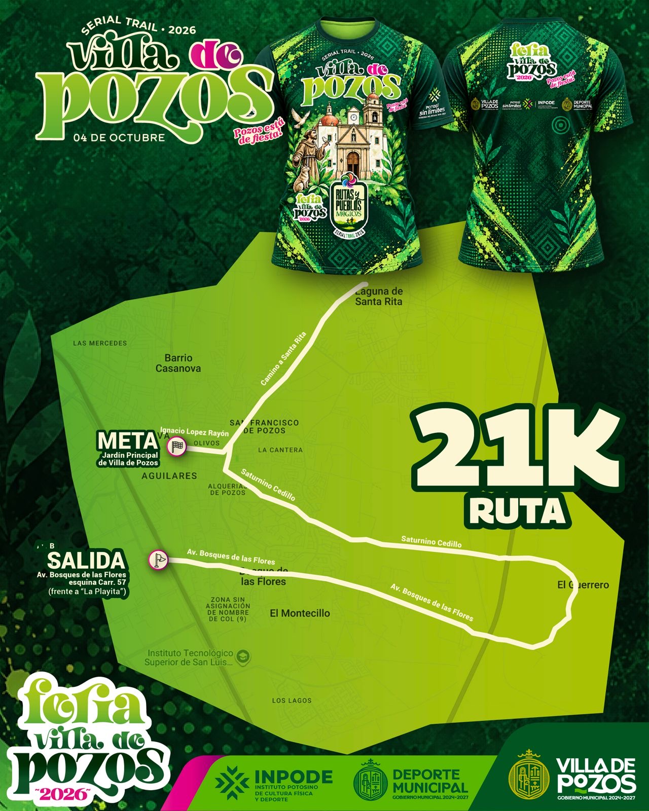 Cartel del Serial Trail Rutas y Pueblos Mágicos 2026 en Villa de Pozos, con ruta de 21 kilómetros y playera conmemorativa.