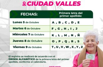 Cartel informativo del registro para la Tarjeta de Transporte Gratuito en Ciudad Valles, dirigido a personas adultas mayores y personas con discapacidad.