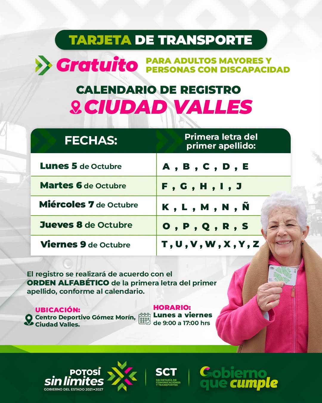 Cartel informativo del registro para la Tarjeta de Transporte Gratuito en Ciudad Valles, dirigido a personas adultas mayores y personas con discapacidad.