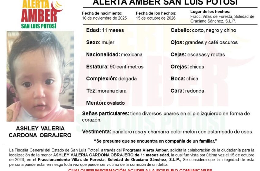  Activan Alerta Amber para localizar a Ashley Valeria, bebé de 11 meses vista por última vez en Soledad