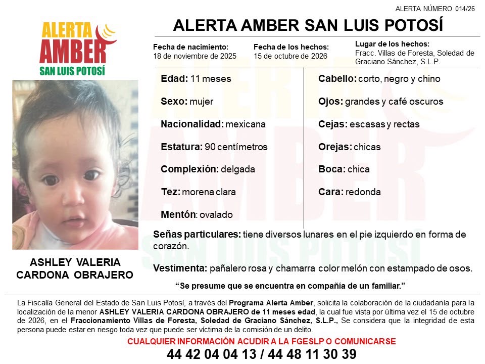 Ficha de Alerta Amber para localizar a Ashley Valeria Cardona Obrajero, de 11 meses, vista por última vez en Soledad de Graciano Sánchez.
