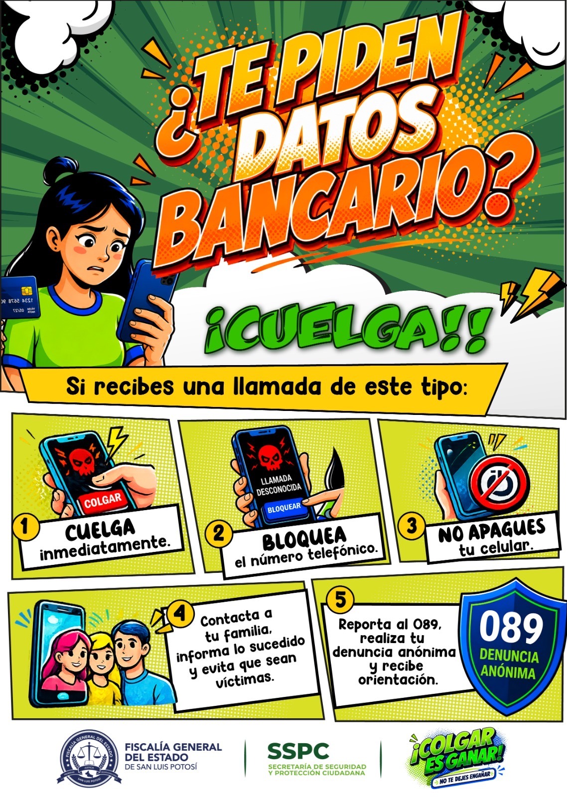 Material informativo de la Fiscalía de San Luis Potosí con recomendaciones para prevenir la extorsión financiera y denunciar al 089.