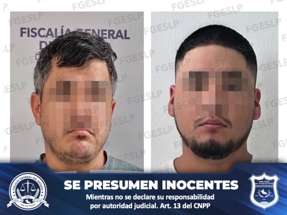 Fotografías difundidas por la Fiscalía de San Luis Potosí de Óscar “N” y José “N”, investigados por robo calificado y extorsión, con rostros difuminados.
