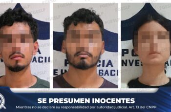 Fotografías difundidas por la Fiscalía de San Luis Potosí de tres personas imputadas en un caso de desaparición en Cárdenas, con los rostros difuminados.