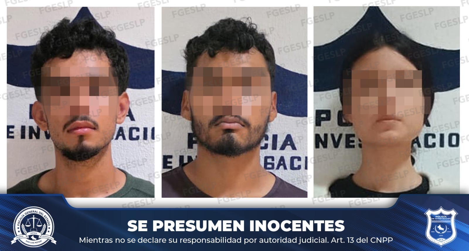 Fotografías difundidas por la Fiscalía de San Luis Potosí de tres personas imputadas en un caso de desaparición en Cárdenas, con los rostros difuminados.