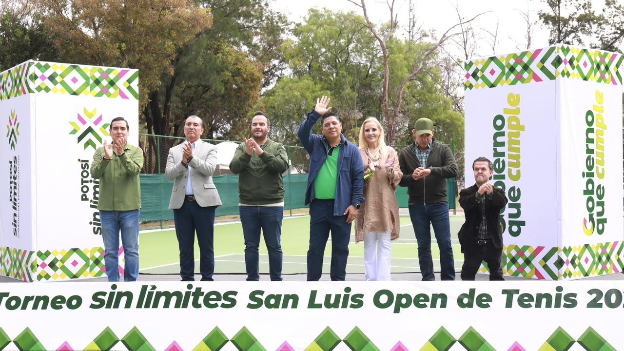 Inauguración del San Luis Open de Tenis 2026 en el Centro Tenístico del Parque Tangamanga I, con autoridades y asistentes.