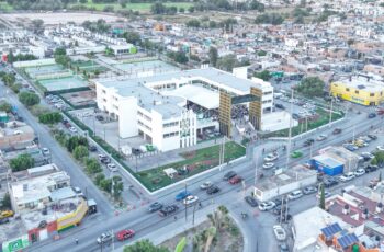 Vista aérea de la nueva Unidad Administrativa Municipal de Soledad de Graciano Sánchez, ubicada sobre avenida San Pedro.