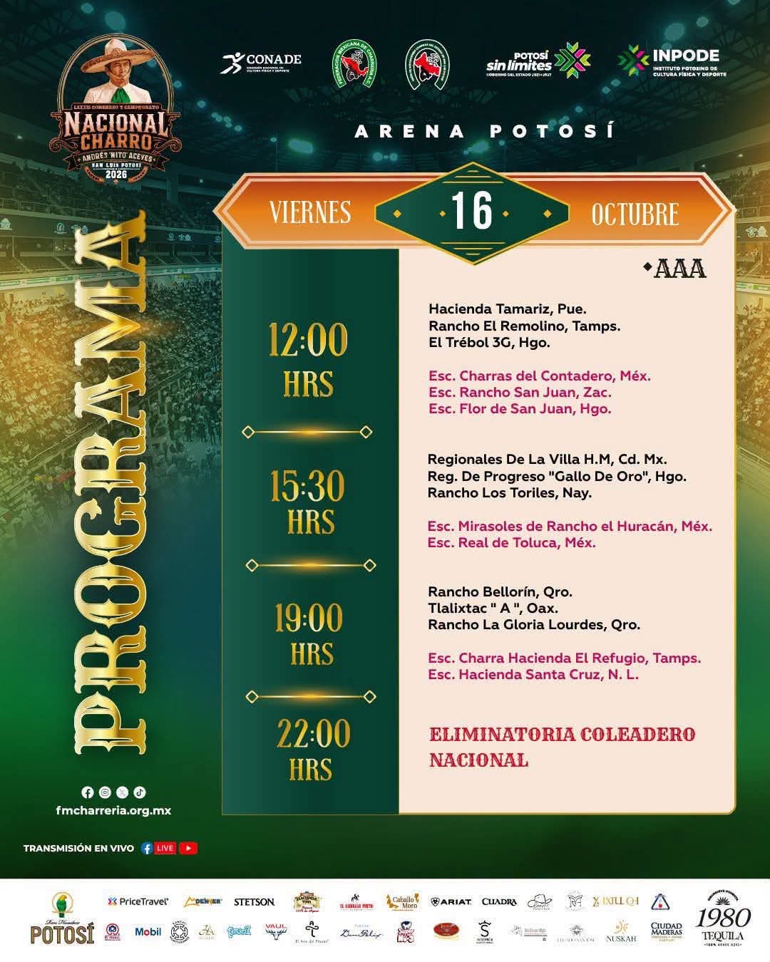 Programa de la octava jornada del Campeonato Nacional Charro 2026 en la Arena Potosí.