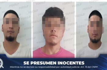 Fotografías oficiales de tres hombres imputados por homicidio en Rayón, con los rostros pixelados y aviso de presunción de inocencia