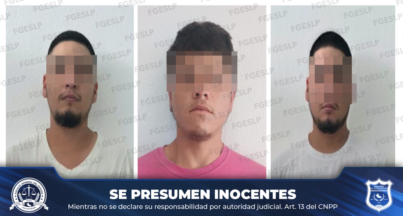 Fotografías oficiales de tres hombres imputados por homicidio en Rayón, con los rostros pixelados y aviso de presunción de inocencia