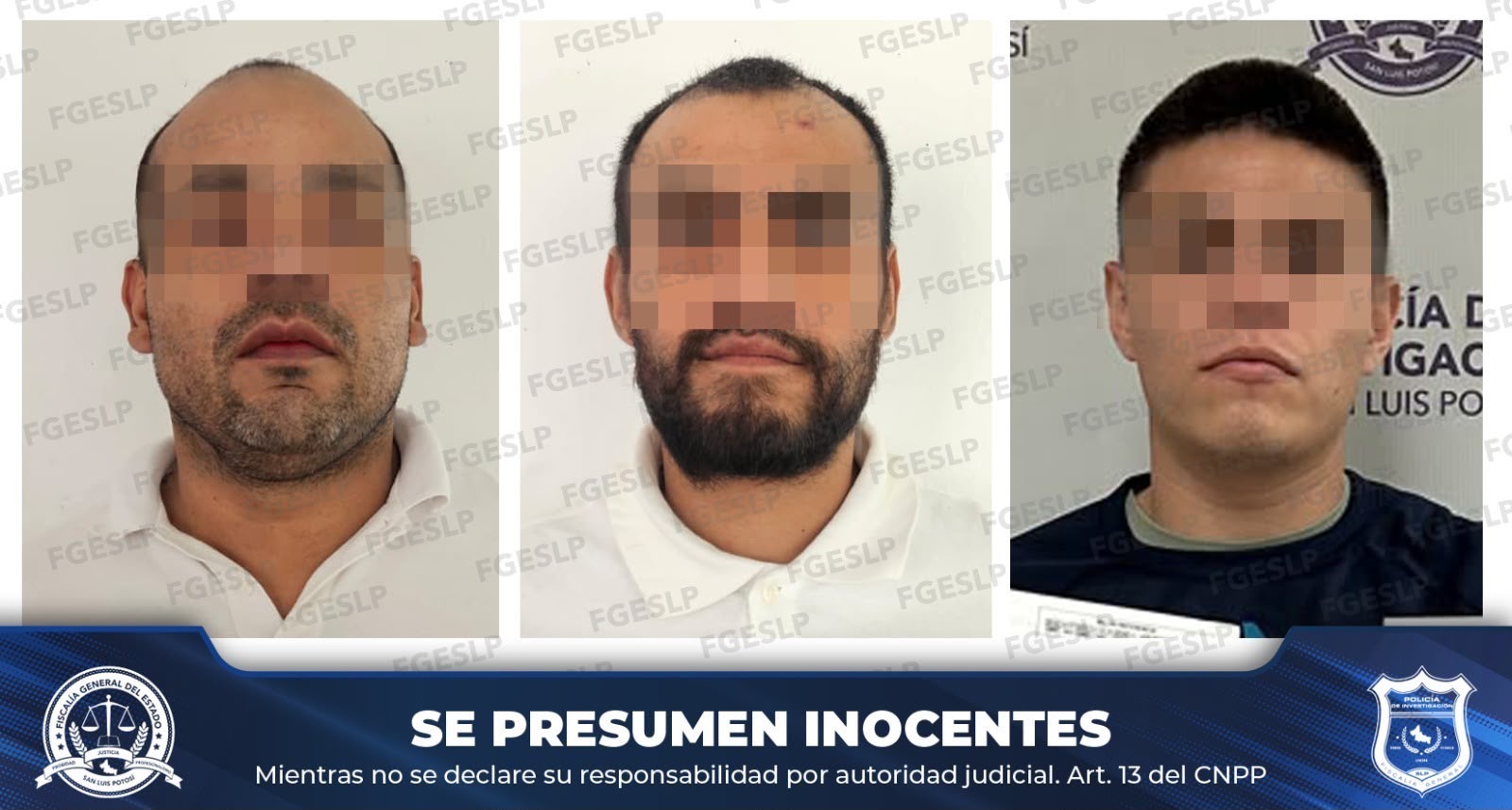 Fotografías oficiales de tres hombres imputados por homicidio y delitos vinculados a la desaparición de personas, con los rostros pixelados y aviso de presunción de inocencia.