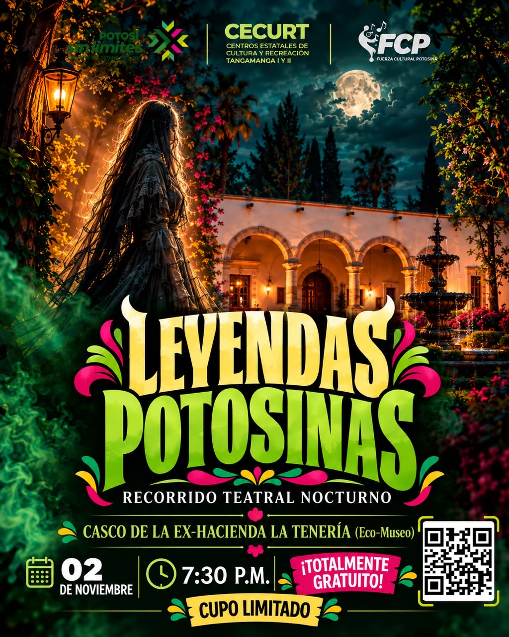 Cartel promocional de Leyendas Potosinas: recorrido teatral nocturno en la Ex Hacienda La Tenería el 2 de noviembre a las 19:30 horas.
