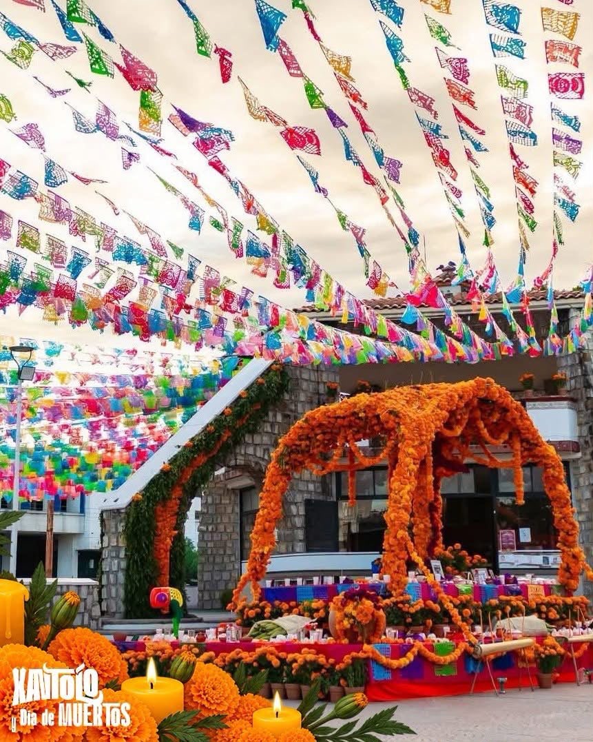 Altar decorado con flores de cempasúchil y papel picado durante las celebraciones de Xantolo y Día de Muertos