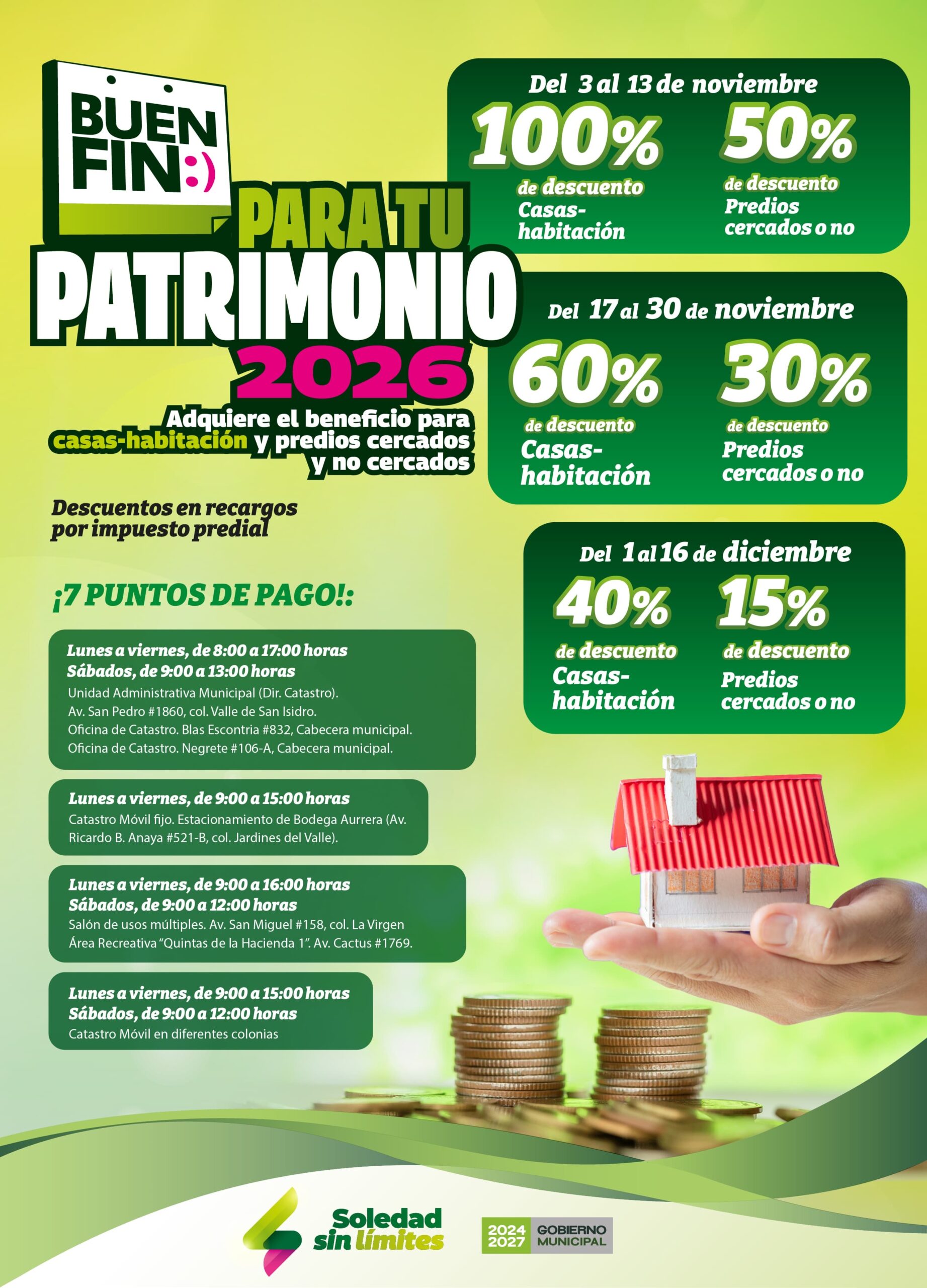 Cartel del programa Buen Fin para Tu Patrimonio 2026 de Soledad, con descuentos escalonados en recargos del predial y horarios de módulos de pago