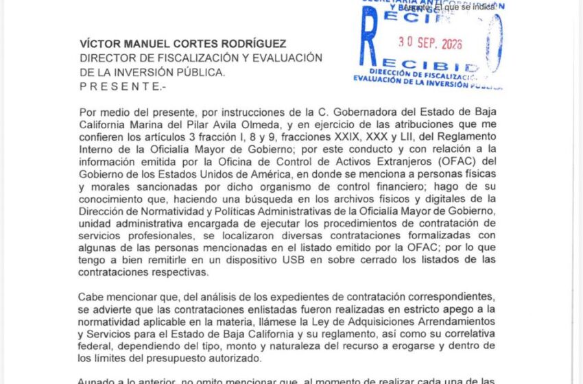  Baja California remite a Anticorrupción expedientes de contratos vinculados con señalados por OFAC